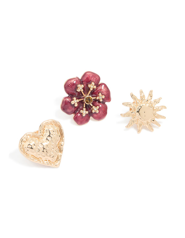 Gold Textured Heart & Flower Brooches 3-Pack