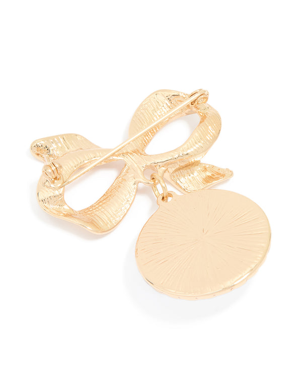 Gold Large Drop Pearl & Bow Brooch