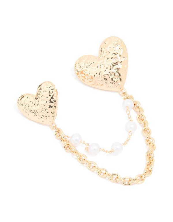 Gold Textured Double Heart Chain Brooch