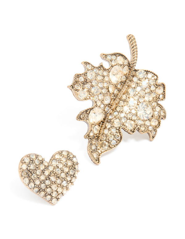 Worn Gold Diamante Leaf Brooches 3-Pack