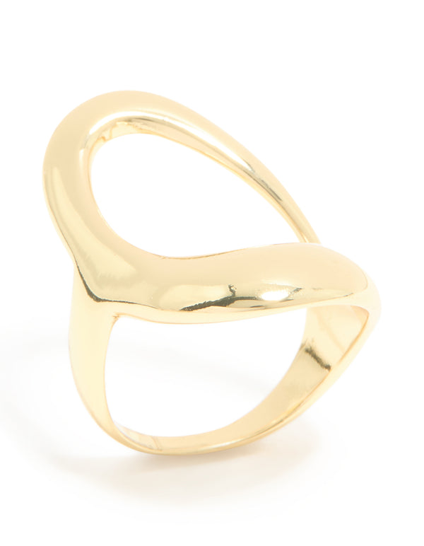 Showcasing a gold plated open triangle ring with a sleek modern design front view
