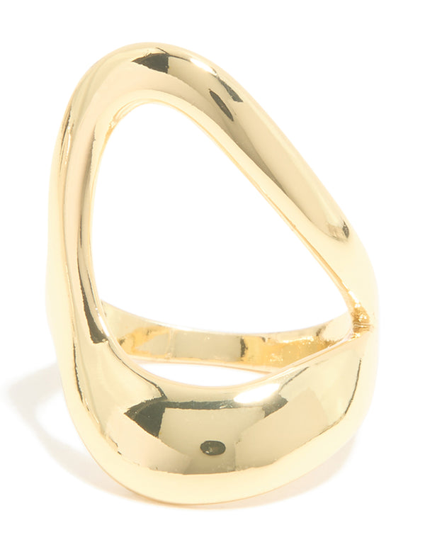 Highlighting the polished finish and structural details of this gold plated open triangle ring close up view