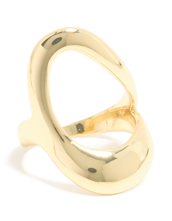 Crafted from gold plated metal, this open triangle ring features a modern geometric design side detail view