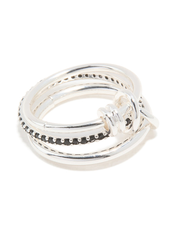 Silver Plated Black Cubic Zirconia Stacked Rondell Ring