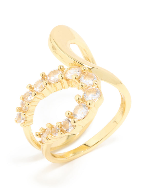 Showcasing a waterproof gold plated stainless steel opposite cubic zirconia swirl ring side detail view