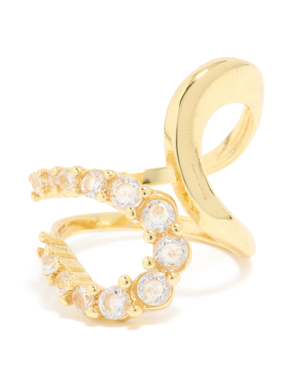 Elegantly designed waterproof gold plated stainless steel opposite cubic zirconia swirl ring close up view