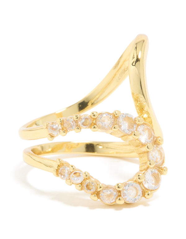Beautifully crafted waterproof gold plated stainless steel opposite cubic zirconia swirl ring front view