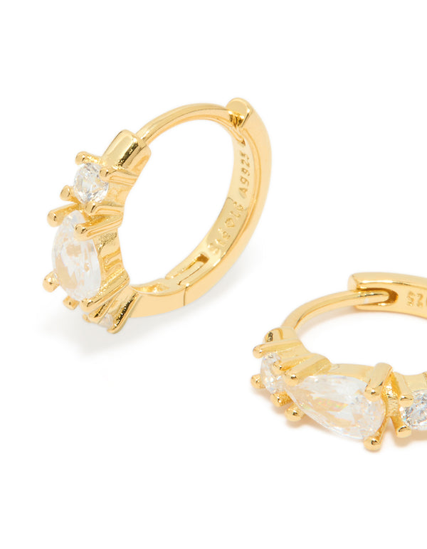 Gold Plated Sterling Silver Pear Cubic Zirconia Huggie Earrings