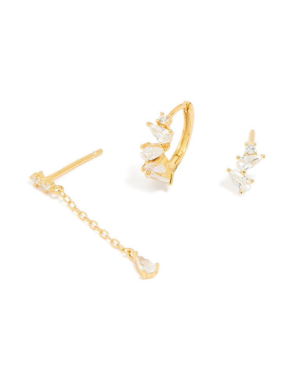 Gold Plated Sterling Silver Cubic Zirconia Chain & Stud Earrings 3-Pack