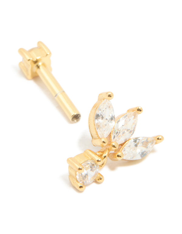 Gold Plated Sterling Silver Cubic Zirconia Fan Marquise Single Flat Back Stud