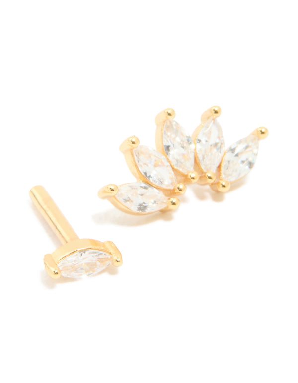 Showcasing gold plated sterling silver cubic zirconia marquise drop single flat back stud with leaf details featuring in white close up view