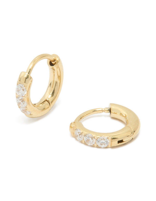 Elegant waterproof gold plated stainless steel cubic zirconia huggie earrings in 10 MM front view