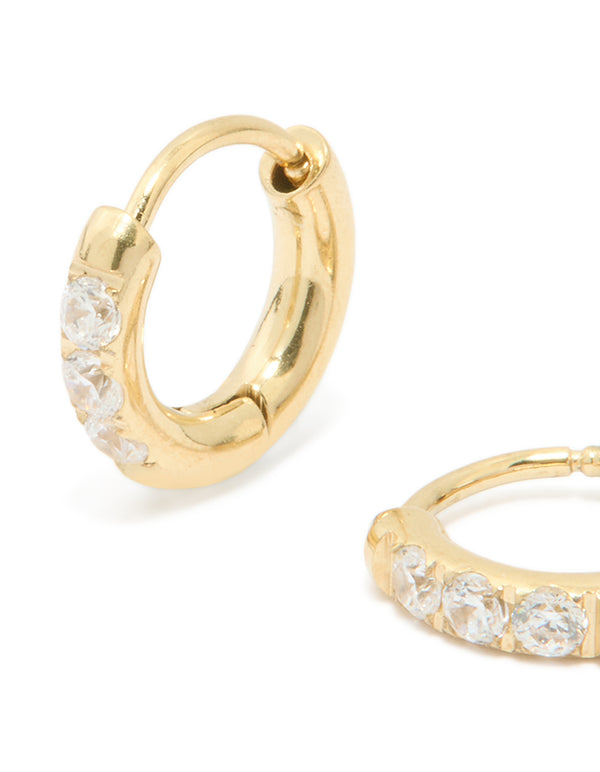 Waterproof Gold Plated Stainless Steel Cubic Zirconia Huggie Earrings 10 MM