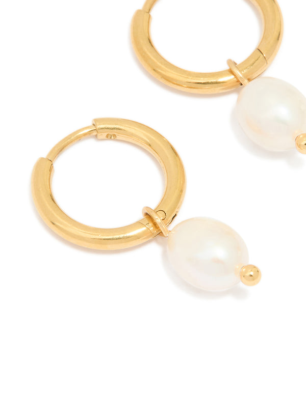 Waterproof Gold Plated Stainless Steel Mini Pearl Drop Huggie Earrings