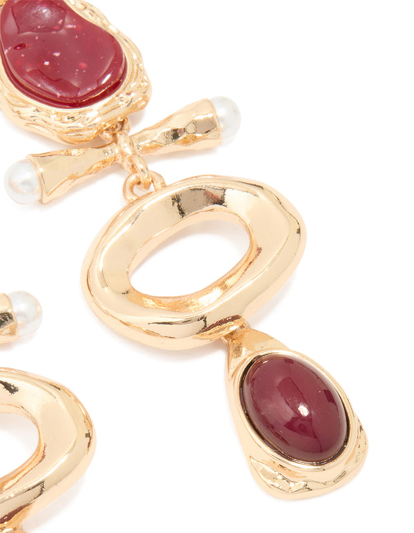 Gold Pearl & Red Stone Attachment Drop Earrings