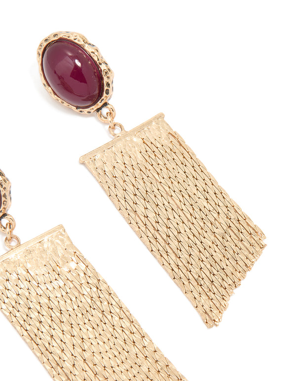 Gold Red Stone Fountain Drop Earrings