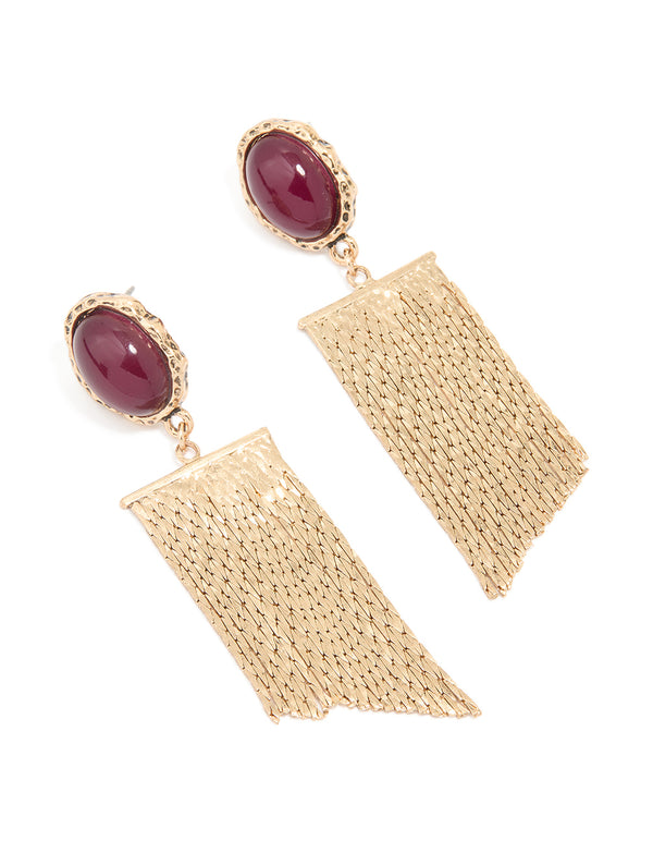 Gold Red Stone Fountain Drop Earrings
