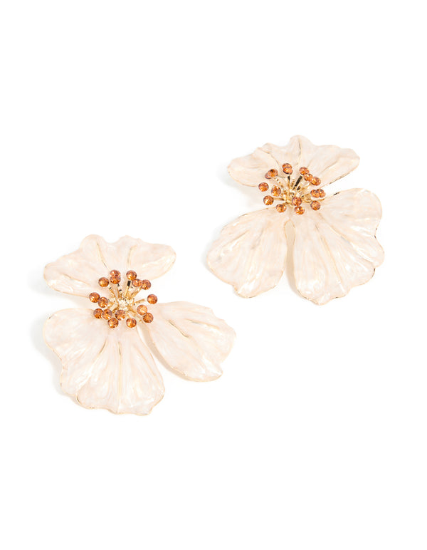 Gold Enamel Diamante Centre Flower Stud Earrings