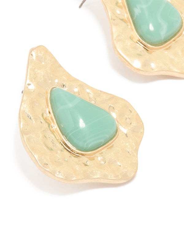 Antique Gold Aqua Beaded Textured Drop Earrings
