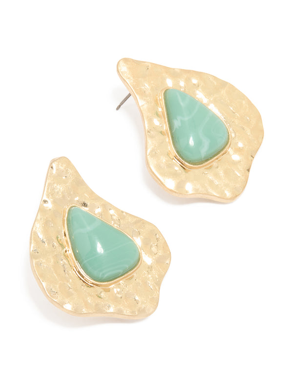 Antique Gold Aqua Beaded Textured Drop Earrings