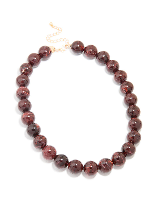 Gold Dark Red Marble Beaded Necklace