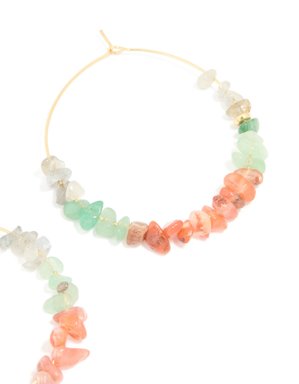 Gold Plated Multicoloured Semi Precious Stone Chip Hoop Earrings