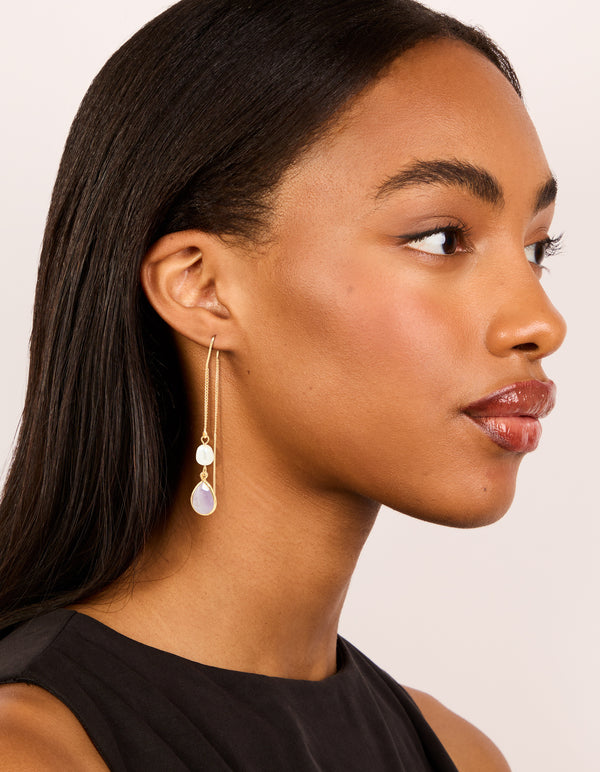 Gold Plated Freshwater Pearl & Amethyst Teardrop Thread Through Earrings