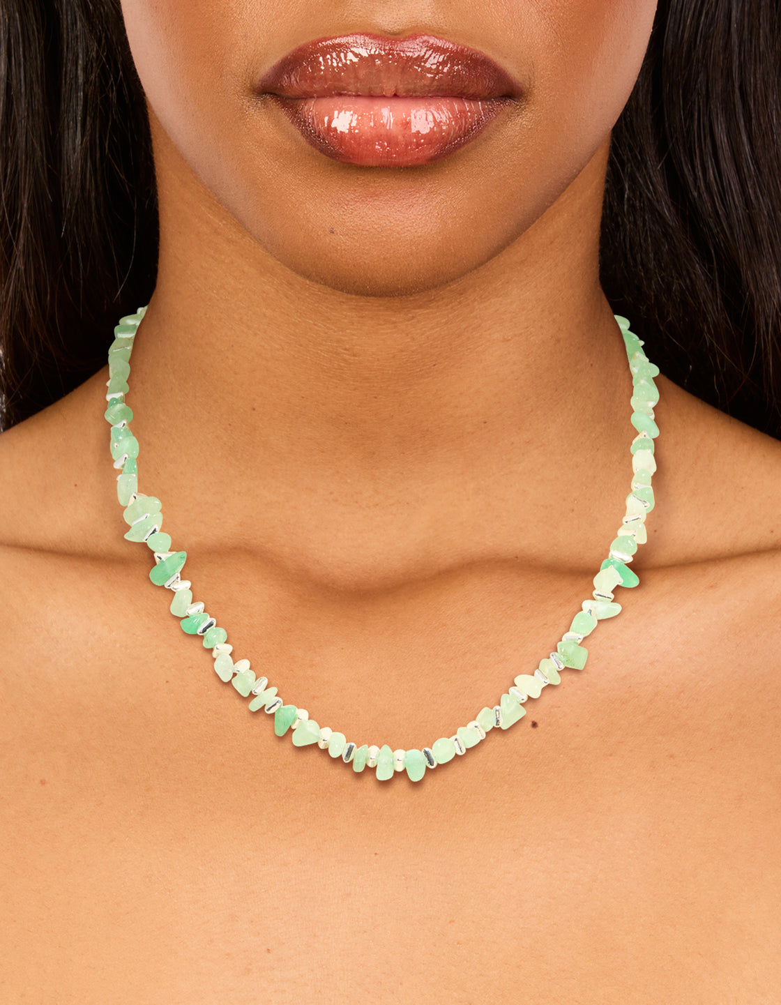 Silver Plated Green Semi Precious Stone Triangle Chip Necklace