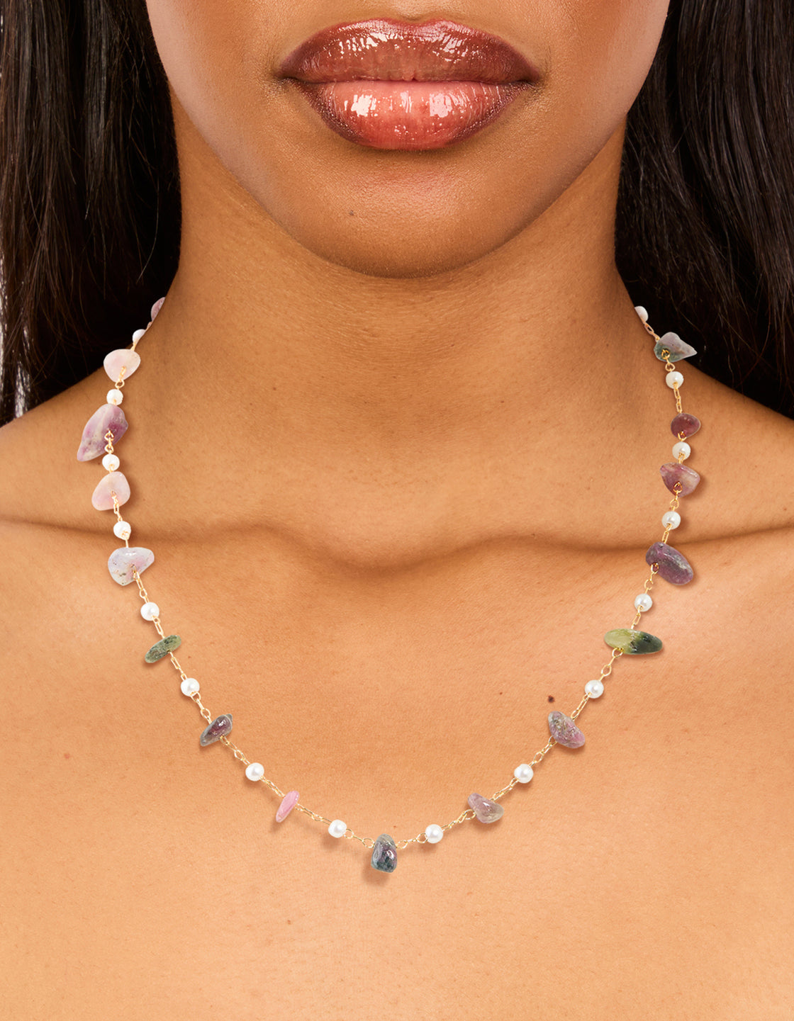Gold Plated Semi Precious Stones & Pearls Alternating Necklace