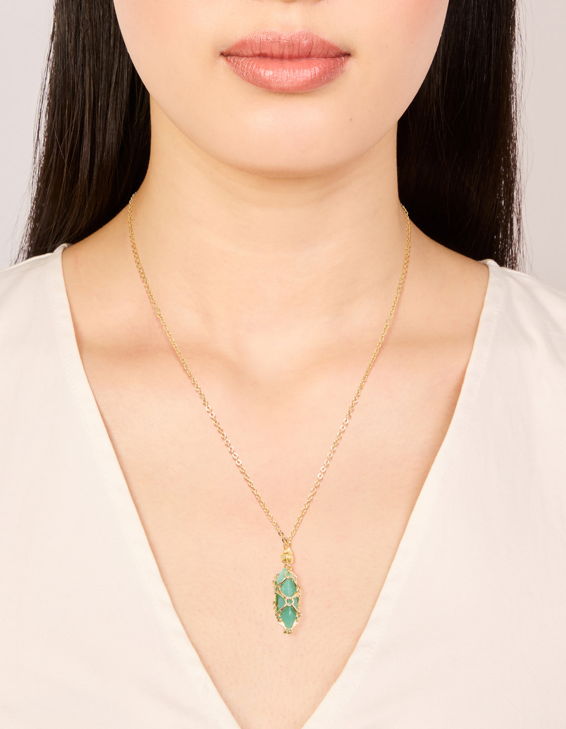 Gold Plated Green Aventurine Wrapped Pendant Necklace