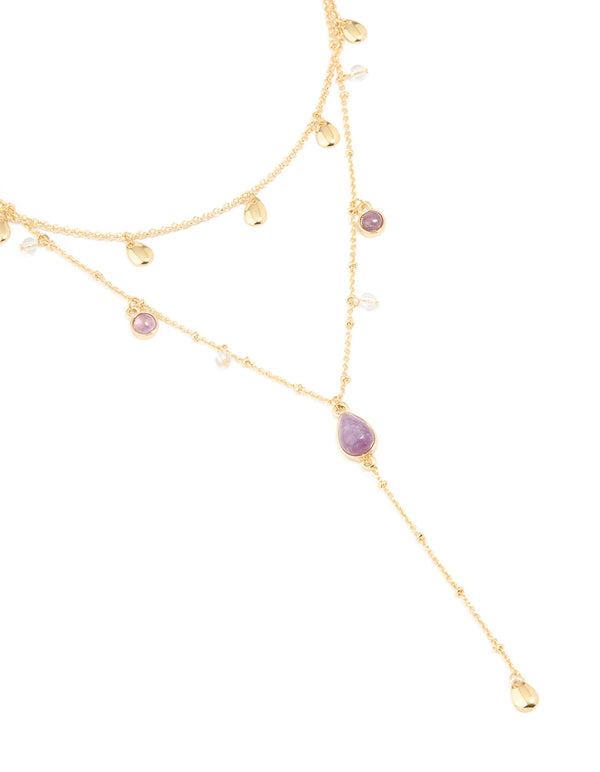 Gold Plated Purple Semi Precious Stone Droplet Layered Y-Necklace