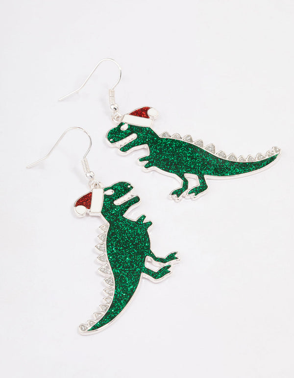 Silver Green Dinosaur With Santa Hat Drop Earrings