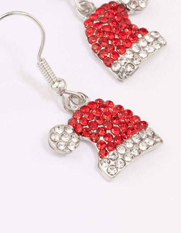 Silver Red Diamante Santa Hat Earrings