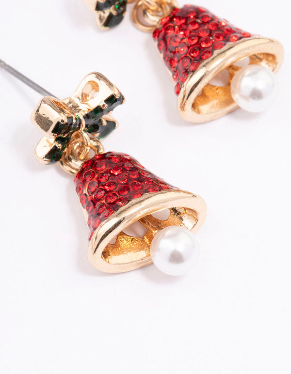 Gold Red Diamante Bell With Green Bow Earrings