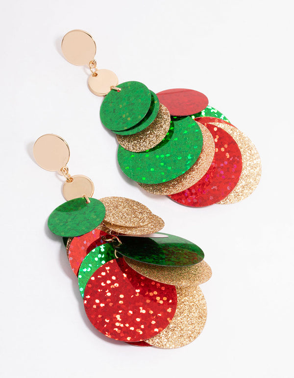 Gold Red Green & Gold Glittery Sequin Disc Earrings