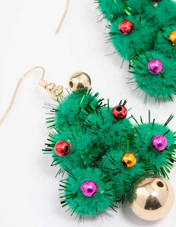 Gold Green Pom Pom Festive Tree Drop Earrings