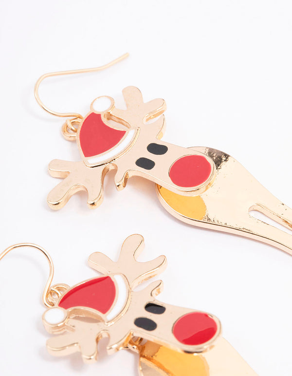 Gold Red Nosed Reindeer Drop Earrings