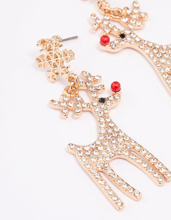 Gold Diamante Red Nosed Reindeer Drop Earrings