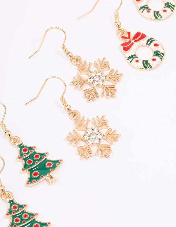 Gold Festive Tree & Wreath Earrings 3-Pack