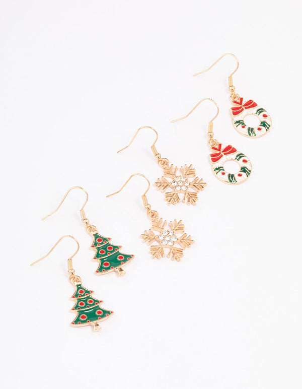 Gold Festive Tree & Wreath Earrings 3-Pack