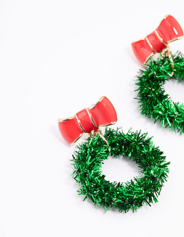 Gold Green Wreath & Red Bow Earrings
