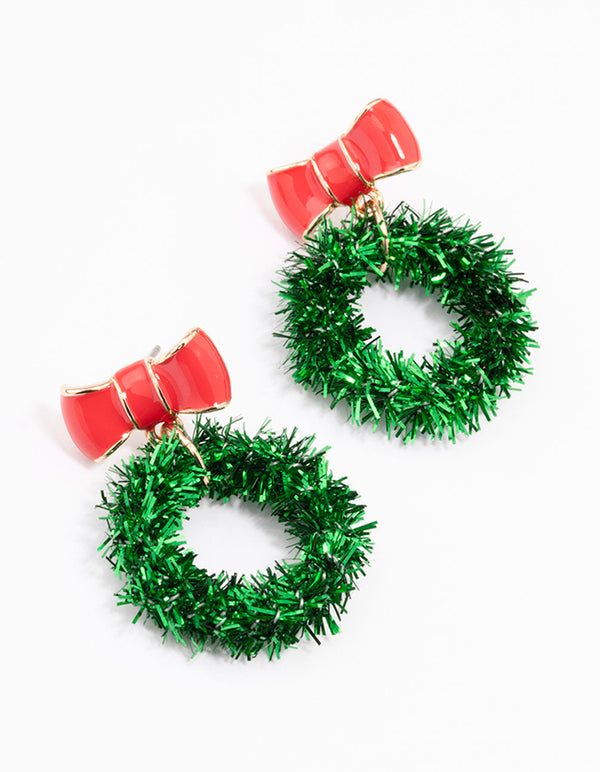 Gold Green Wreath & Red Bow Earrings