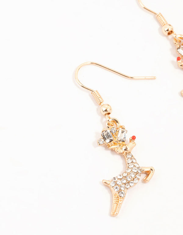 Gold Jumping Reindeer Earrings