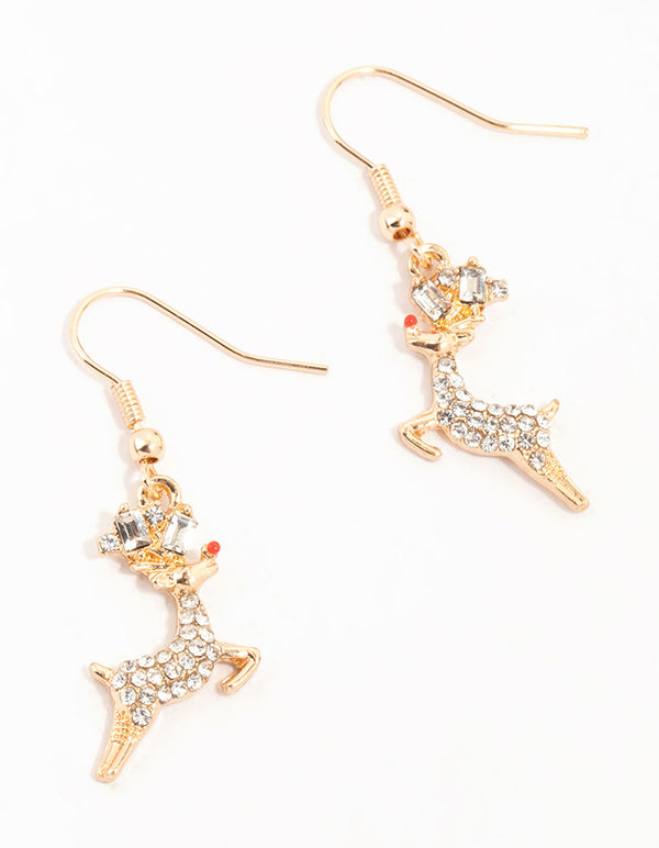 Gold Jumping Reindeer Earrings