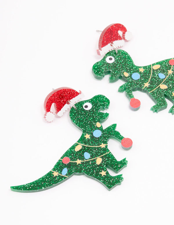 Green Acrylic Dinosaur With Santa Hat Drop Earrings