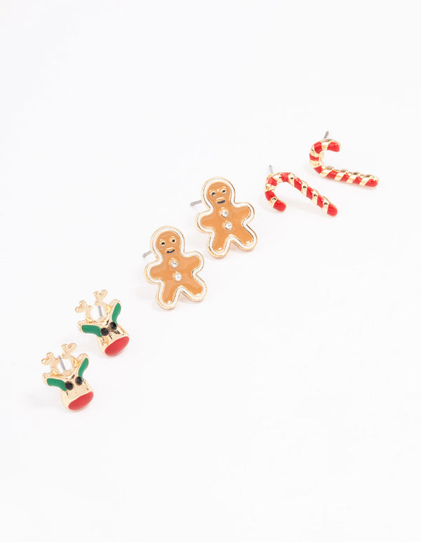 Gold Reindeer & Gingerbread Man Earrings 3-Pack