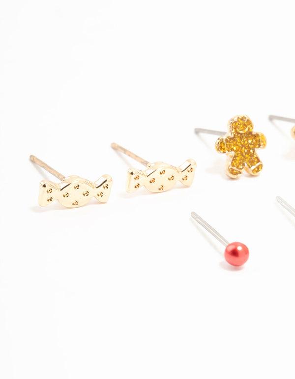Gold Red Santa Hat & Gingerbread Men Stud Earrings 5-Pack