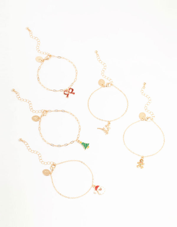 Gold Single Festive Charm Bracelets 5-Pack