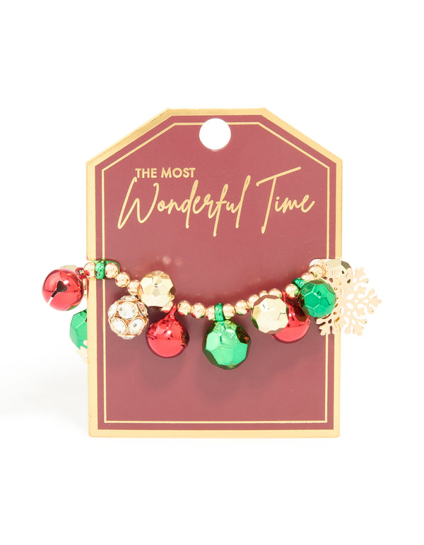 Gold Green & Red Jingle Bells Chunky Charm Stretch Bracelet