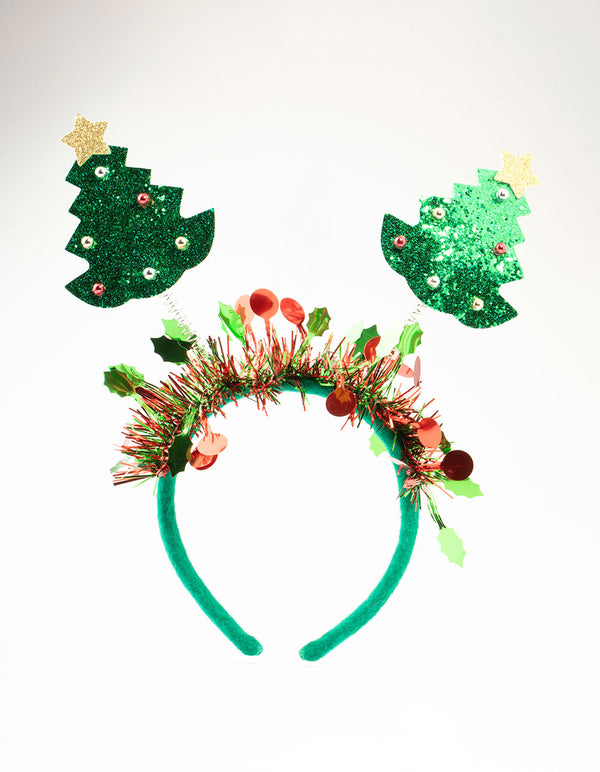 Red & Green Tinsel Spring Festive Tree Headband
